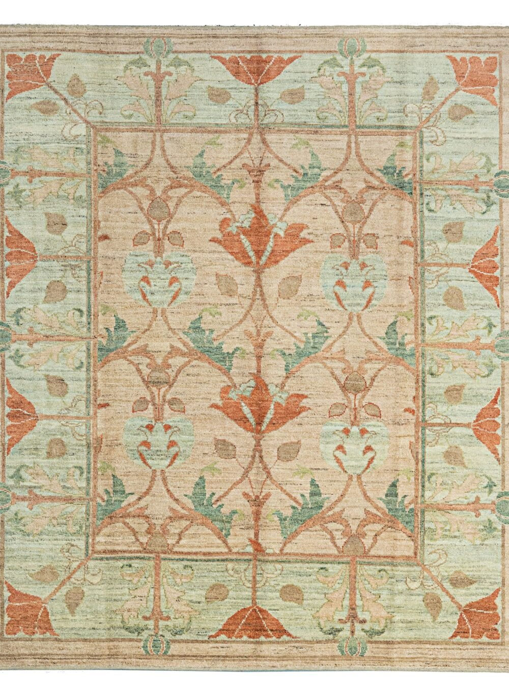 alt="Charles Voysey-inspired rug with peach background and aqua floral motifs" alt="Hand-knotted Arts and Crafts carpet with terracotta and green floral design" alt="Voysey-style rug featuring nature-inspired patterns and beige borders" alt="Peach field rug with aqua border and brown botanical branches in Arts and Crafts style"