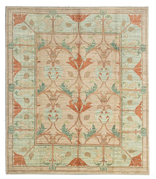 alt="Charles Voysey-inspired rug with peach background and aqua floral motifs" alt="Hand-knotted Arts and Crafts carpet with terracotta and green floral design" alt="Voysey-style rug featuring nature-inspired patterns and beige borders" alt="Peach field rug with aqua border and brown botanical branches in Arts and Crafts style"