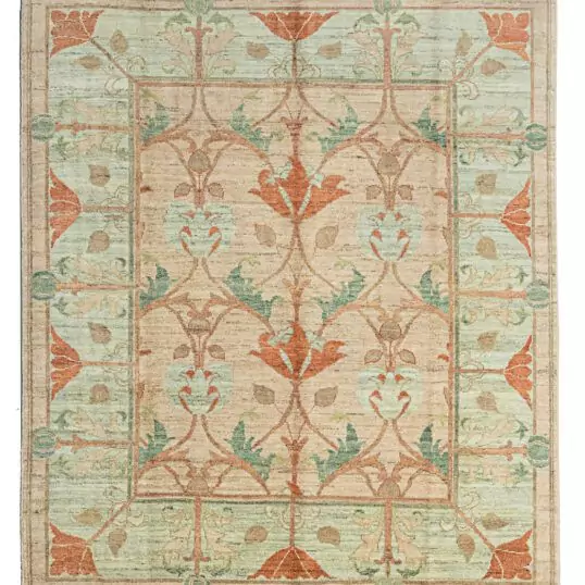 alt="Charles Voysey-inspired rug with peach background and aqua floral motifs" alt="Hand-knotted Arts and Crafts carpet with terracotta and green floral design" alt="Voysey-style rug featuring nature-inspired patterns and beige borders" alt="Peach field rug with aqua border and brown botanical branches in Arts and Crafts style"