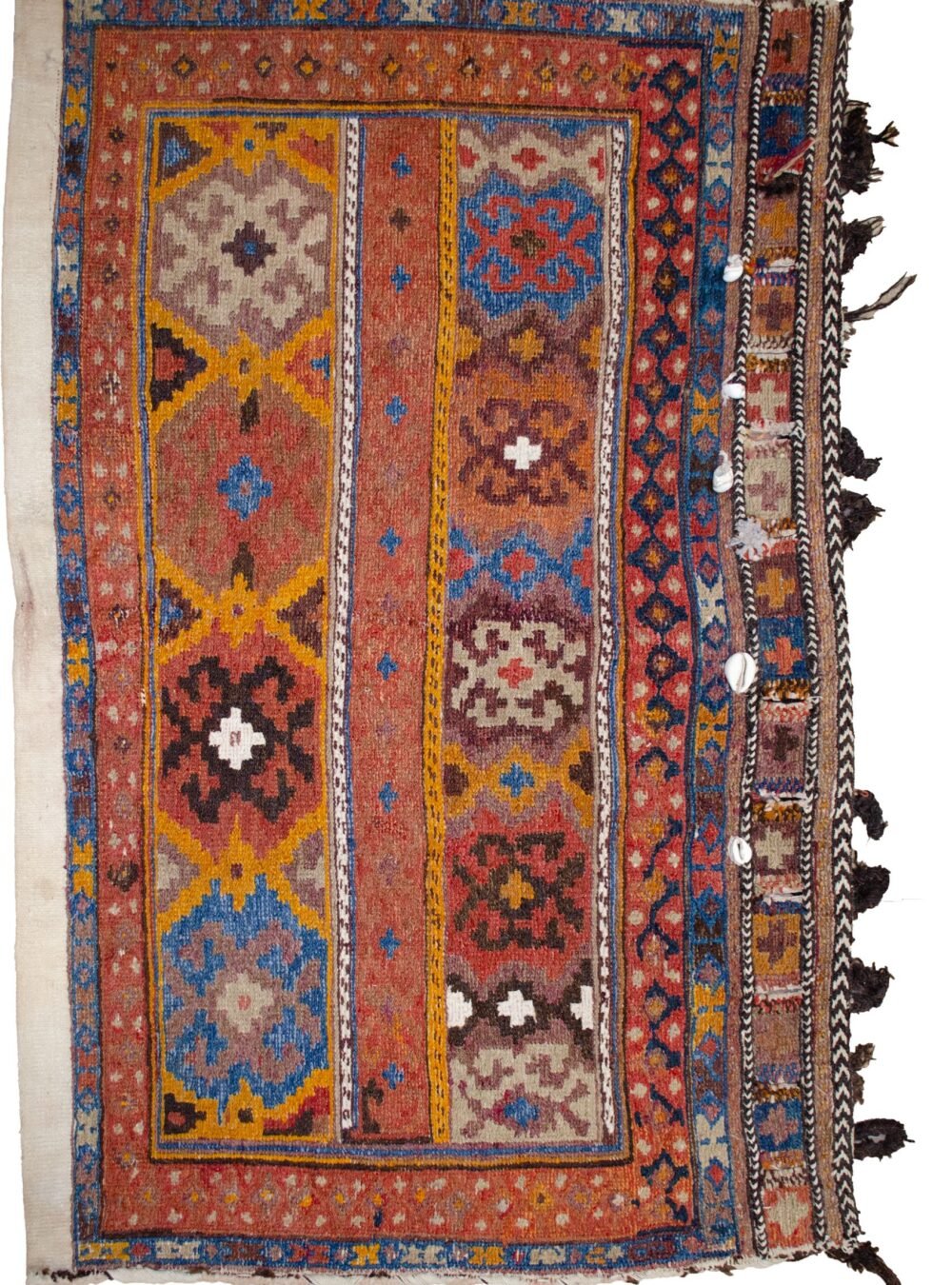 alt="Large Afshar tribal bag with terracotta and blue borders from southern Iran" alt="Afshar bagface with intricate tribal motifs and intact locks" alt="Oversized vintage Afshar rug bag with three motif bands and light blue frame" alt="Decorative Persian tribal bag with traditional Afshar weaving"