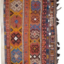 alt="Large Afshar tribal bag with terracotta and blue borders from southern Iran" alt="Afshar bagface with intricate tribal motifs and intact locks" alt="Oversized vintage Afshar rug bag with three motif bands and light blue frame" alt="Decorative Persian tribal bag with traditional Afshar weaving"