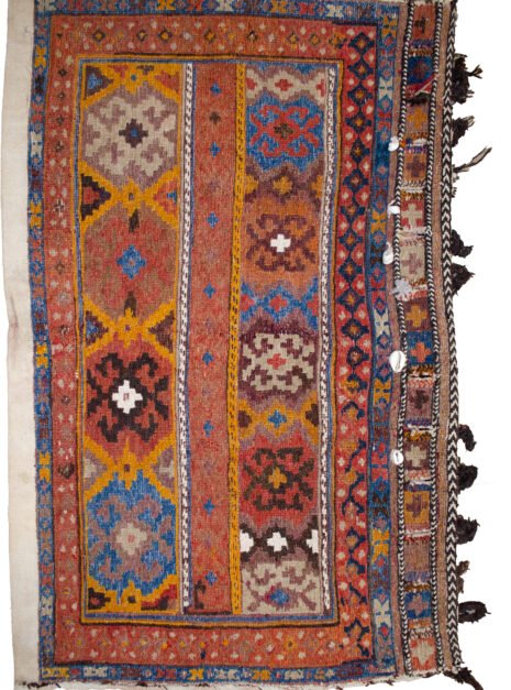 alt="Large Afshar tribal bag with terracotta and blue borders from southern Iran" alt="Afshar bagface with intricate tribal motifs and intact locks" alt="Oversized vintage Afshar rug bag with three motif bands and light blue frame" alt="Decorative Persian tribal bag with traditional Afshar weaving"