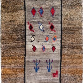 alt="Tribal Gabbeh rug with grey field and horse motif, dated 2003" alt="Stylized bush design in vintage Gabbeh with salt-and-pepper border" alt="Handwoven Iranian Gabbeh with tribal symbols and grey tones" alt="22-year-old Gabbeh rug featur