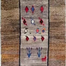 alt="Tribal Gabbeh rug with grey field and horse motif, dated 2003" alt="Stylized bush design in vintage Gabbeh with salt-and-pepper border" alt="Handwoven Iranian Gabbeh with tribal symbols and grey tones" alt="22-year-old Gabbeh rug featur