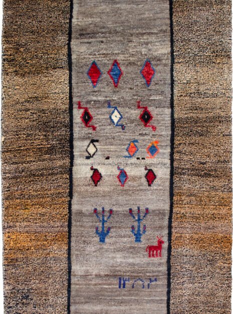alt="Tribal Gabbeh rug with grey field and horse motif, dated 2003" alt="Stylized bush design in vintage Gabbeh with salt-and-pepper border" alt="Handwoven Iranian Gabbeh with tribal symbols and grey tones" alt="22-year-old Gabbeh rug featur
