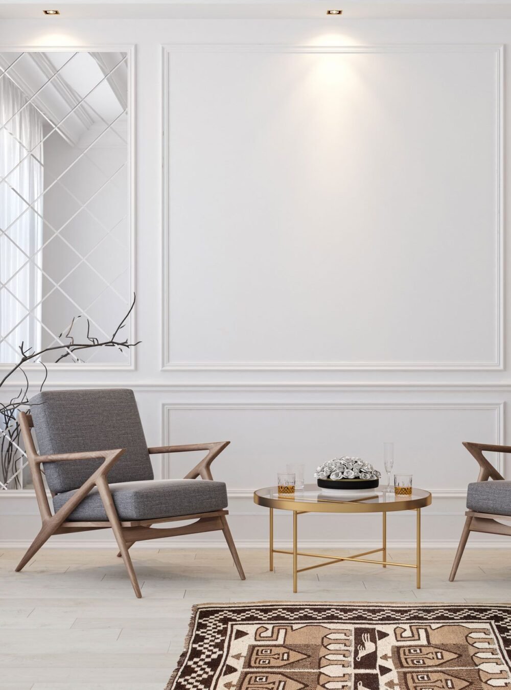 Classic white modern interior empty room with lounge armchairs, Classic white modern interior empty room with lounge armchairs,