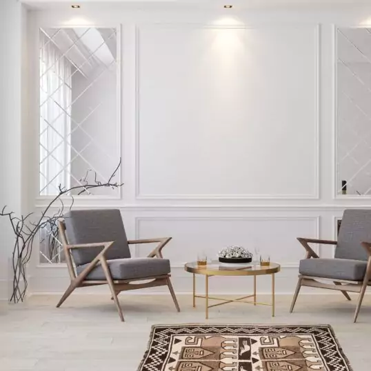 Classic white modern interior empty room with lounge armchairs,