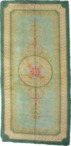 alt="Vintage Spanish carpet with deep green field and cream and gold border" alt="Handwoven Spanish rug featuring a central medallion and classic pattern" alt="Elegant green vintage rug with aristocratic design and traditional motifs" alt="Large Spanish carpet with central medallion and refined border details"