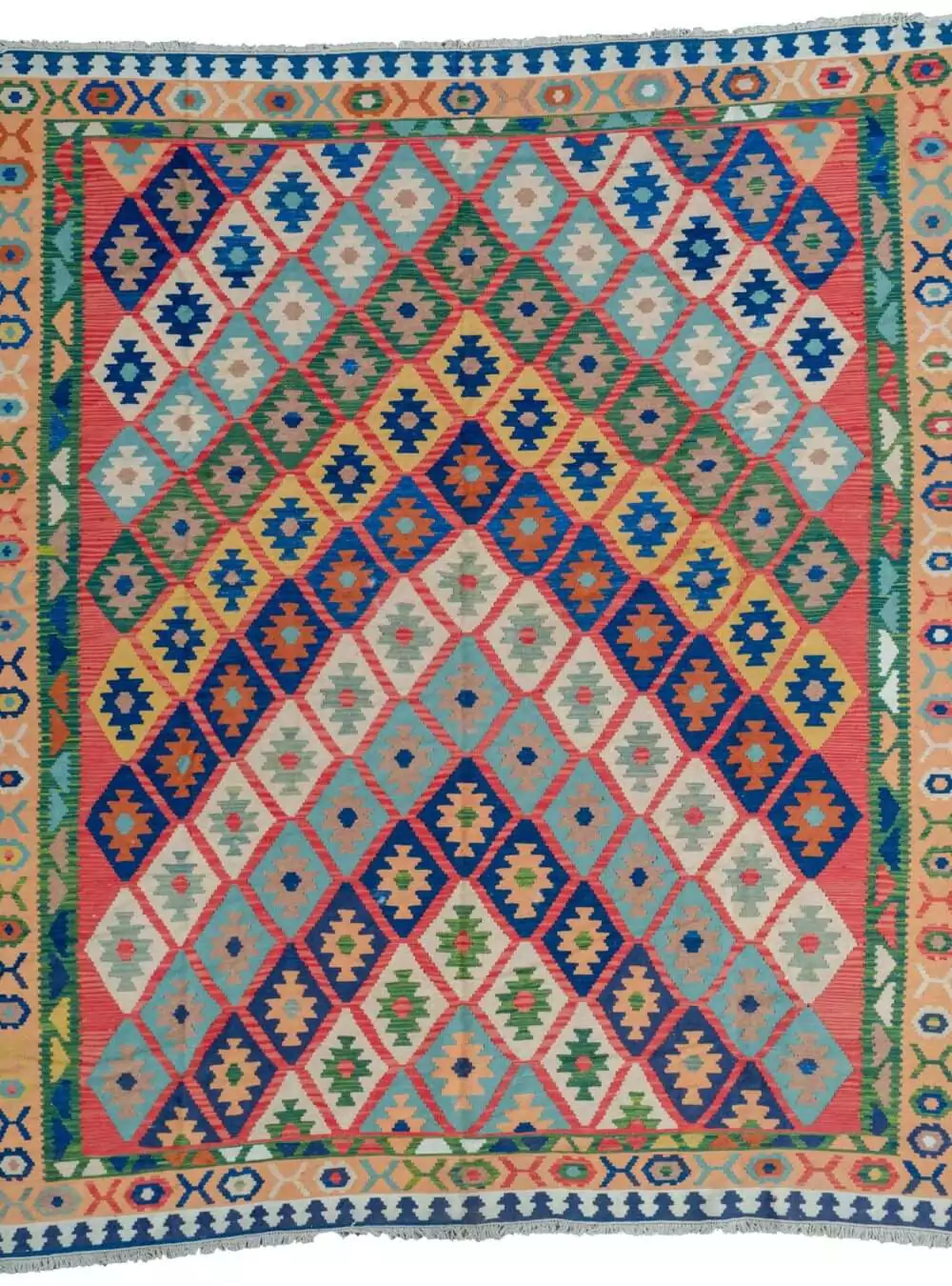 alt="Vintage Anbaran kilim with deep red background and colorful lozenge design" alt="Persian flatweave rug with beige and green borders from Anbaran, Iran" alt="Handwoven Iranian kilim with geometric lozenge motifs" alt="Traditional Anbaran kilim rug showcasing rich colors and intricate patterns"