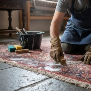 A man cleaning an antique rug