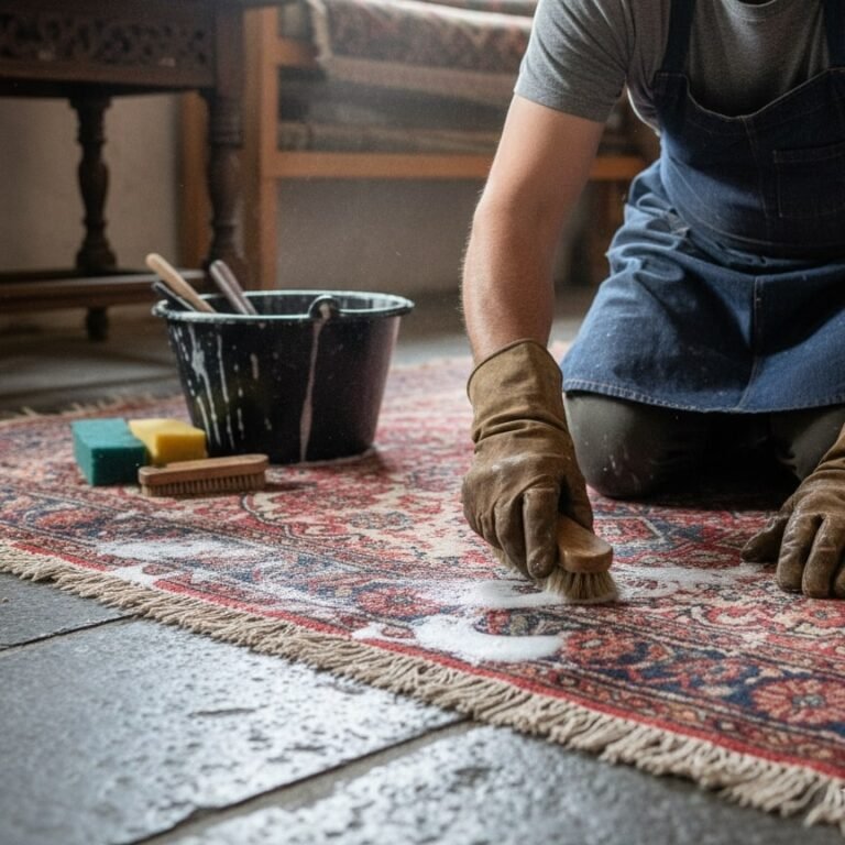 A man cleaning an antique rug