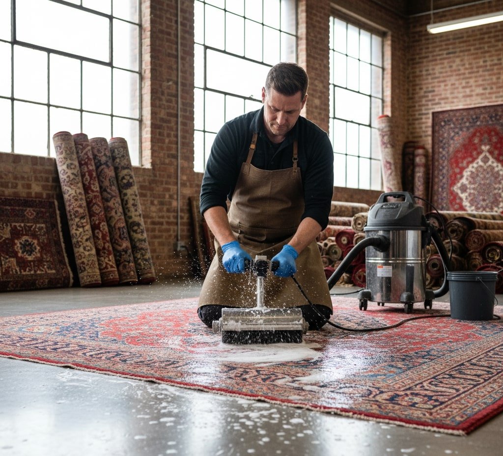A man cleaning a persian rug