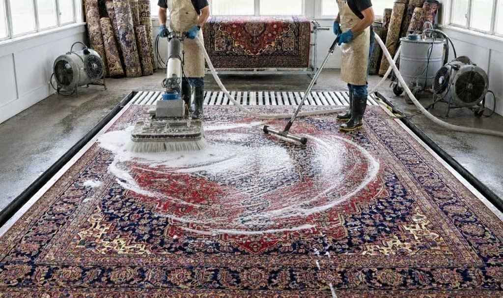 two men cleaning rug