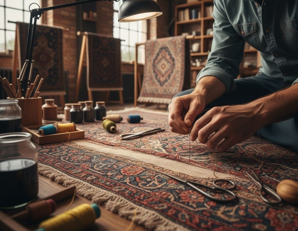 a man performing rug restoration