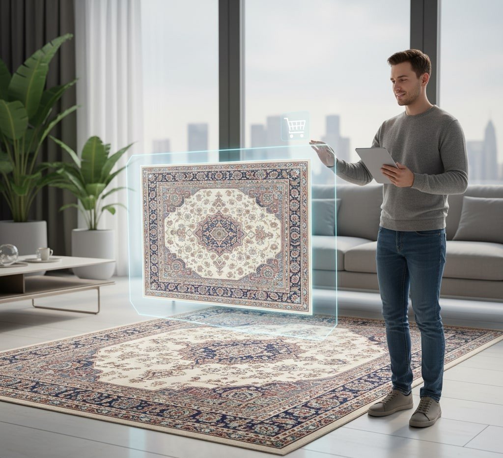 a man holding tablet and standing with rugs