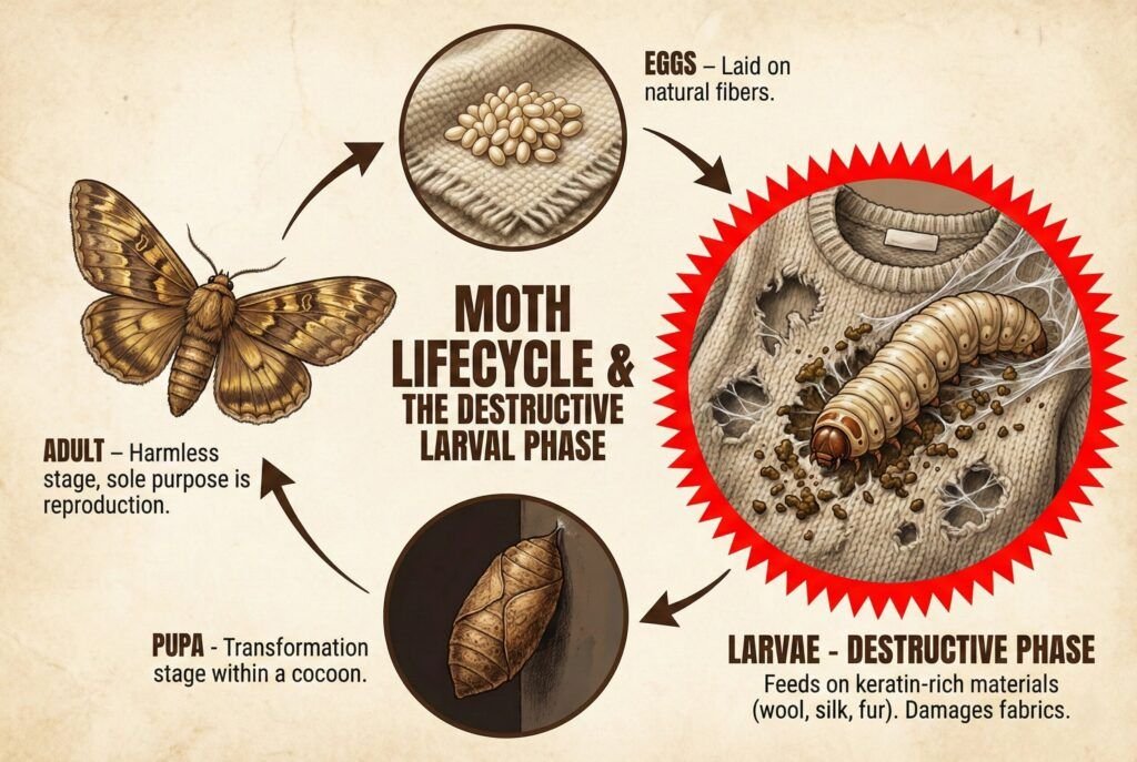 Moth lifecycle stages and damage explained.