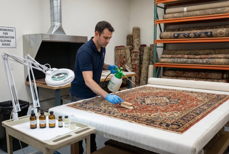 Person treating rug for moths.
