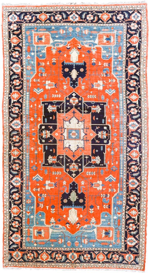 Large Hand-Knotted Terracotta & Navy Wool Rug 780x427cm
