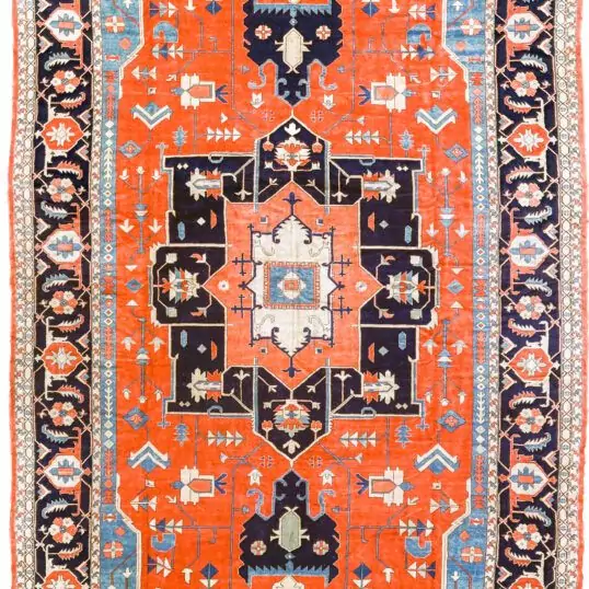 Large Hand-Knotted Terracotta & Navy Wool Rug 780x427cm